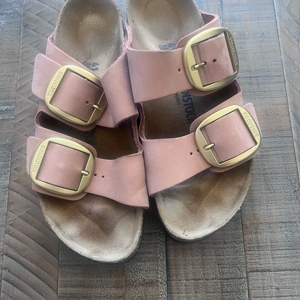 Birkenstock Pink Sandals with Gold Buckles